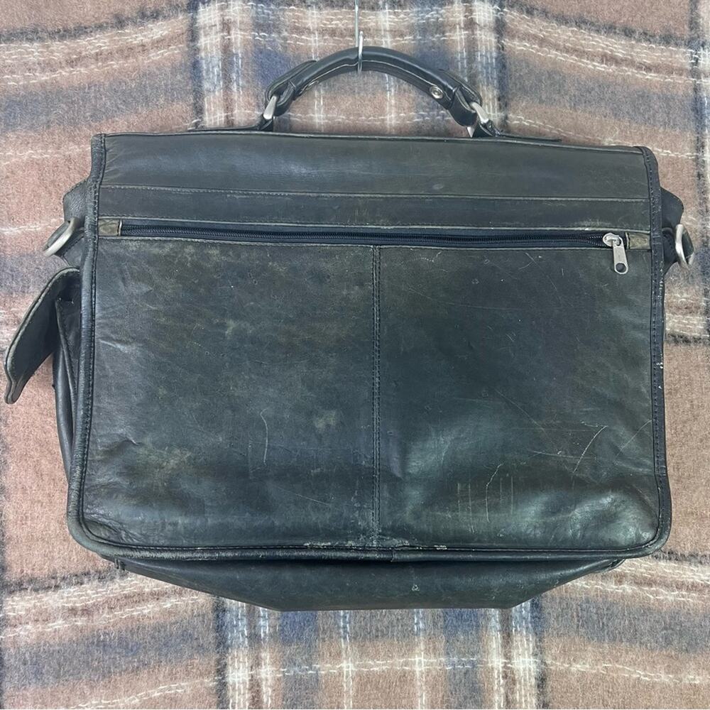 Vintage Genuine Leather Briefcase Black Multi-Pockets Distressed - Picture 2 of 12